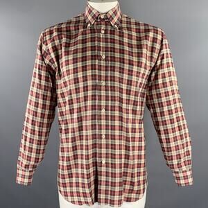 BRIONI Size L Burgundy Tan Tartan Cotton Button Down Long Sleeve Shirt